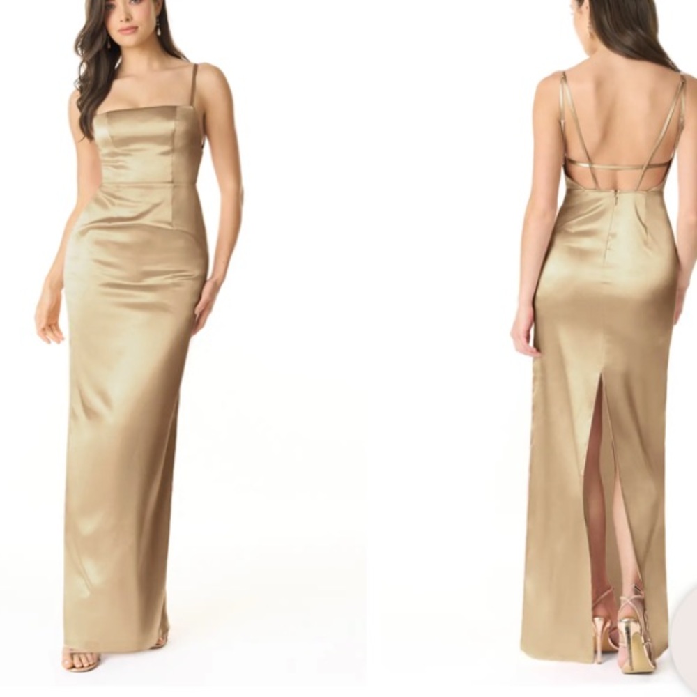 NWT Azazie Kae Champagne Sheath Metallic Satin Dress size 14 wedding prom